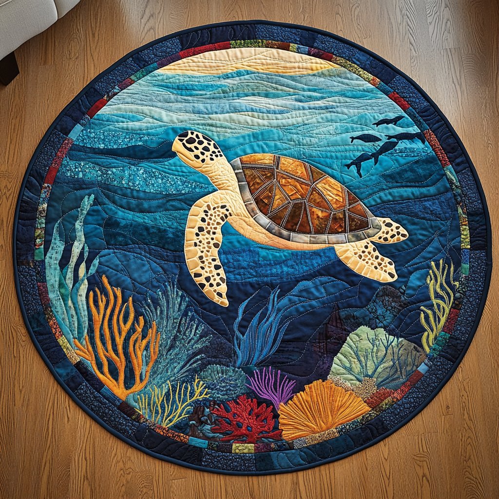 Tidal Turtle Journey Round Mat Rug - washable non-slip printed rug