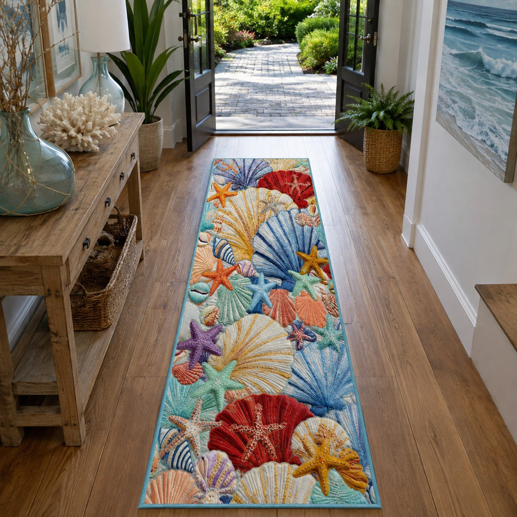 Tidal Whisper Conch Runner Rug - Nature Design | Serene Runner Rug - washable non-slip printed rug