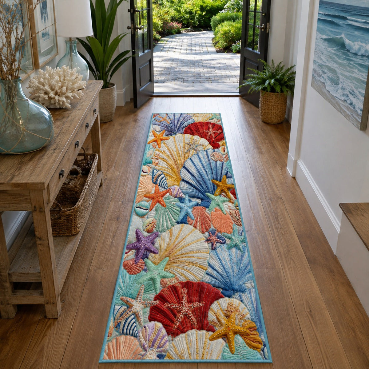 Tidal Whisper Conch Runner Rug - Nature Design | Serene Runner Rug - washable non-slip printed rug
