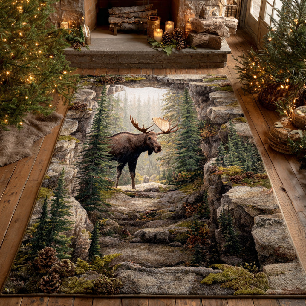 Timber Moose area rug in a living room