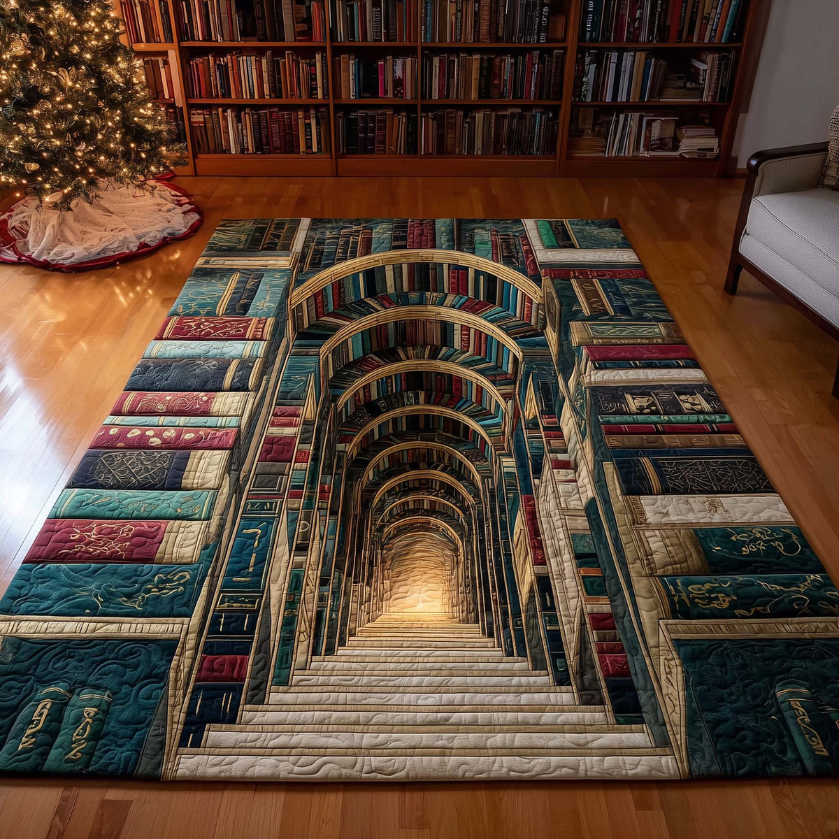 Timeless Book Stairway area rug in a living room