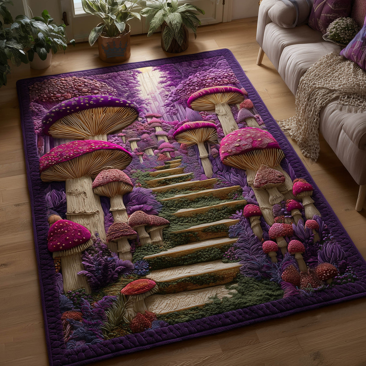 Toadstool Garden area rug in a living room