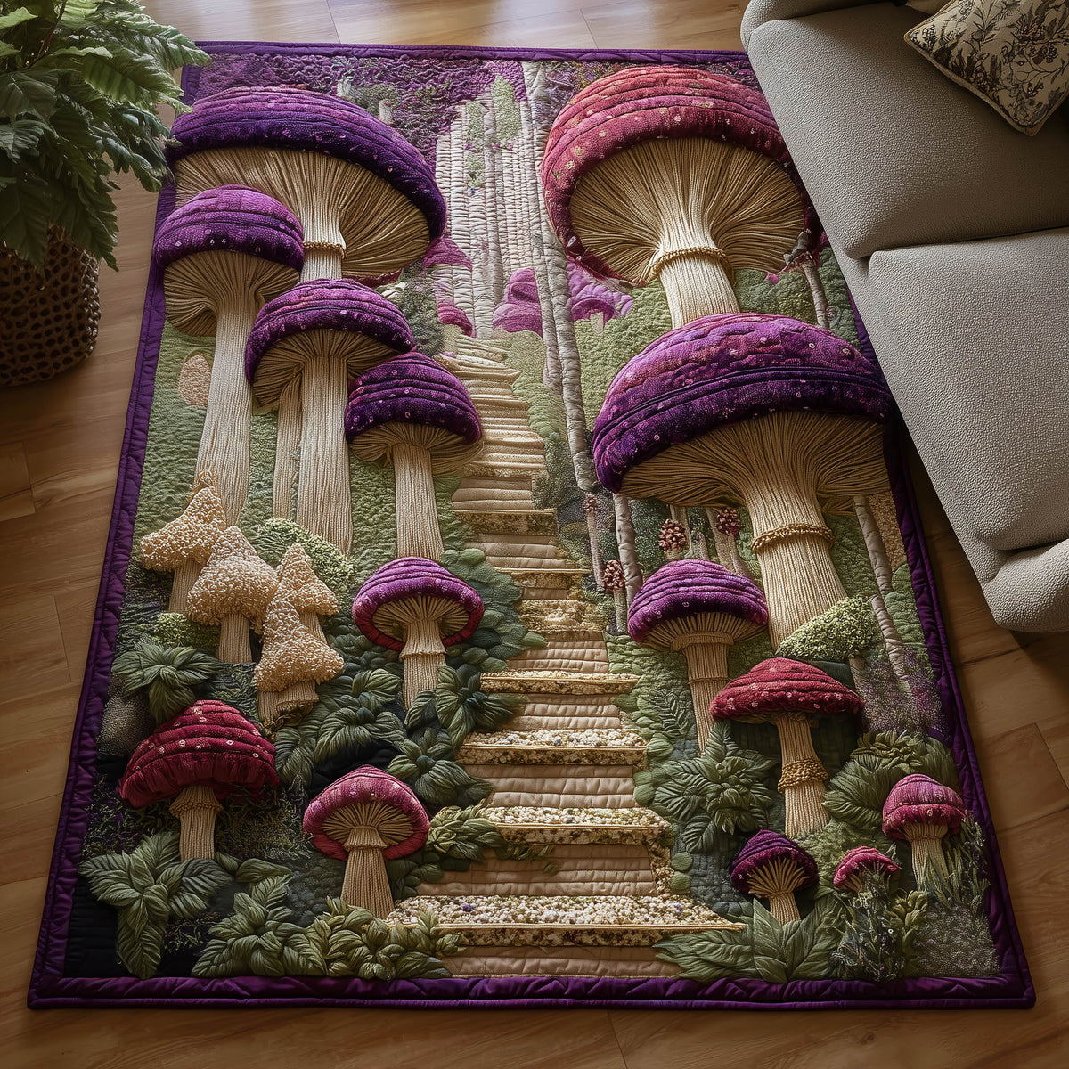 Toadstool Garden area rug in a living room