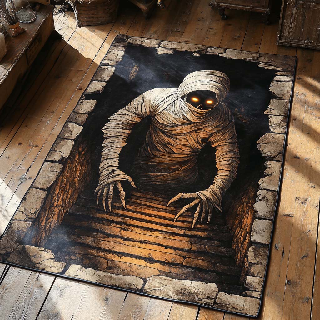 Tomb Mummy area rug in a living room