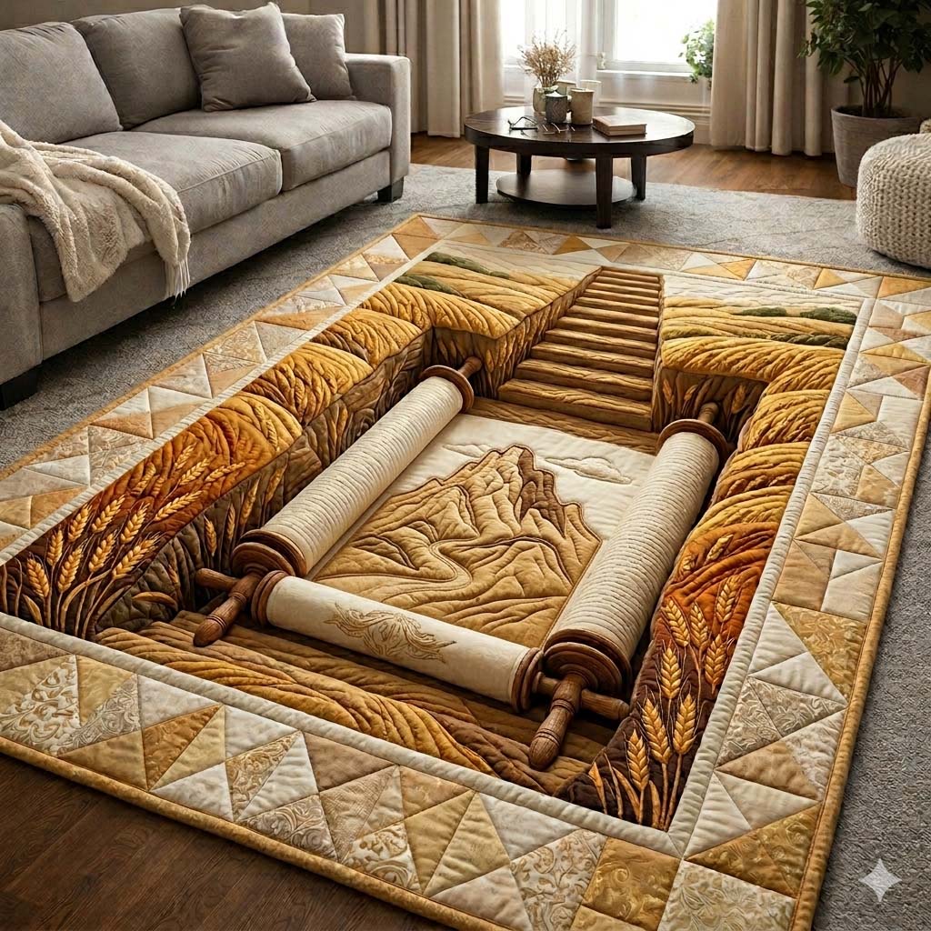 Torah Blessing area rug in a living room