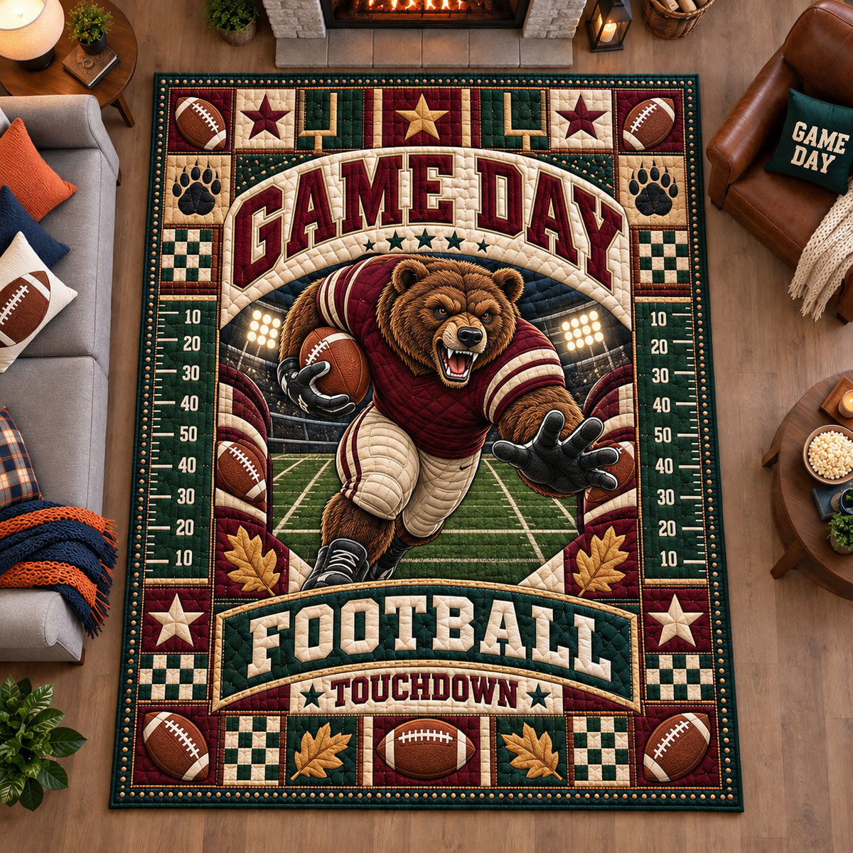 Touchdown Bear area rug in a living room