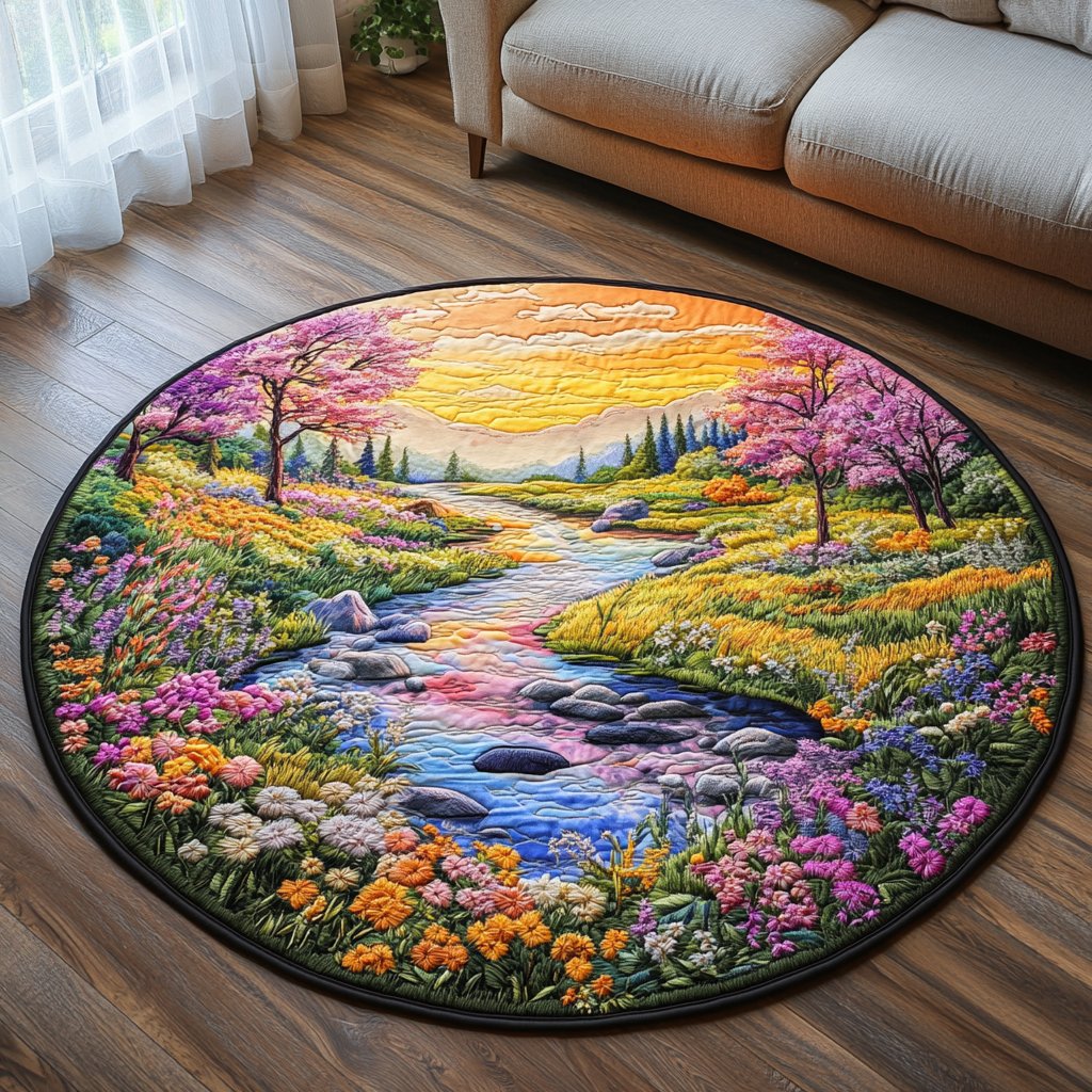 Tranquil Bloom River Round Mat Rug - washable non-slip printed rug