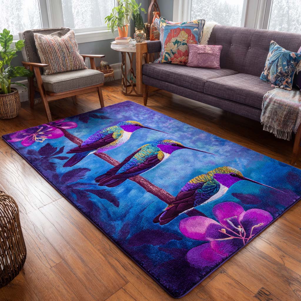 Tranquil Hummingbird area rug in a living room