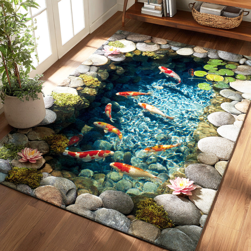 Tranquil Koi Garden area rug in a living room