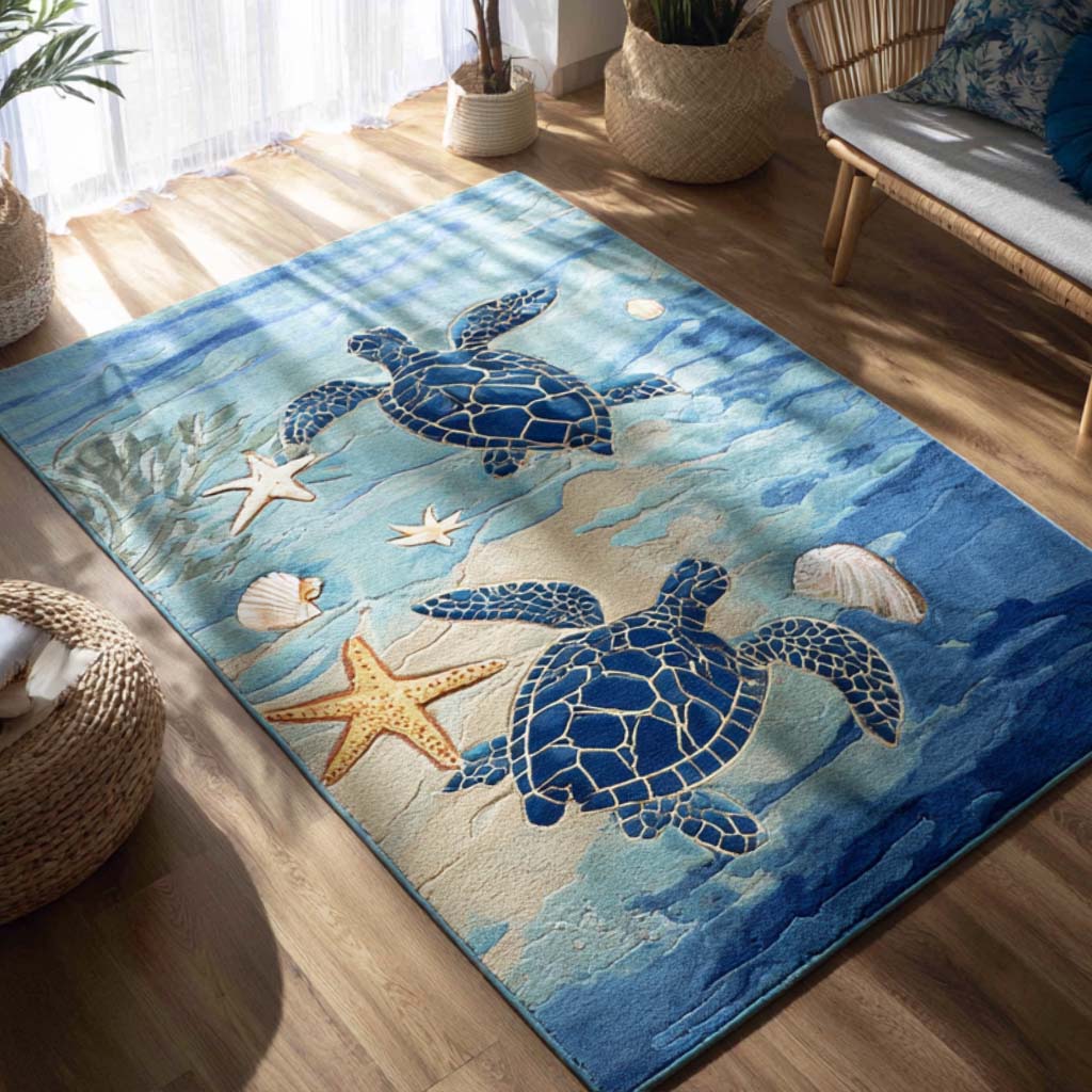 Tranquil Turtle area rug in a living room