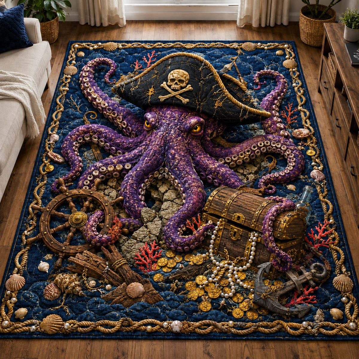 Treasure Sea Kraken area rug in a living room