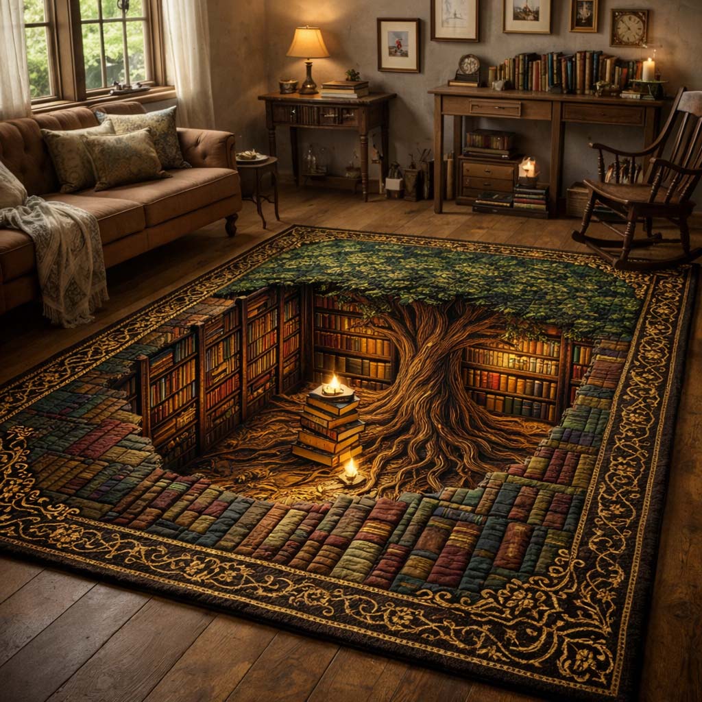 Tree of Books area rug in a living room