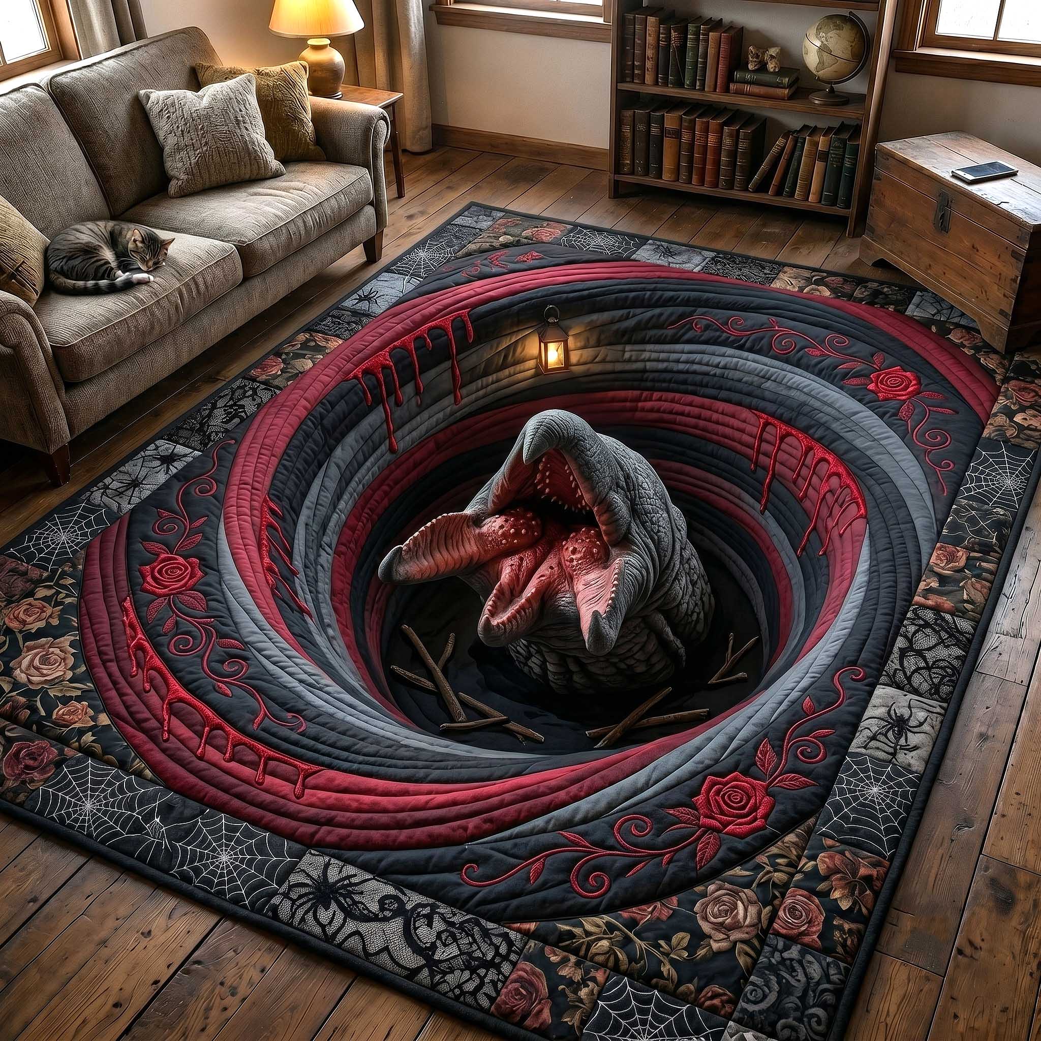 Tremors Graboid area rug in a living room
