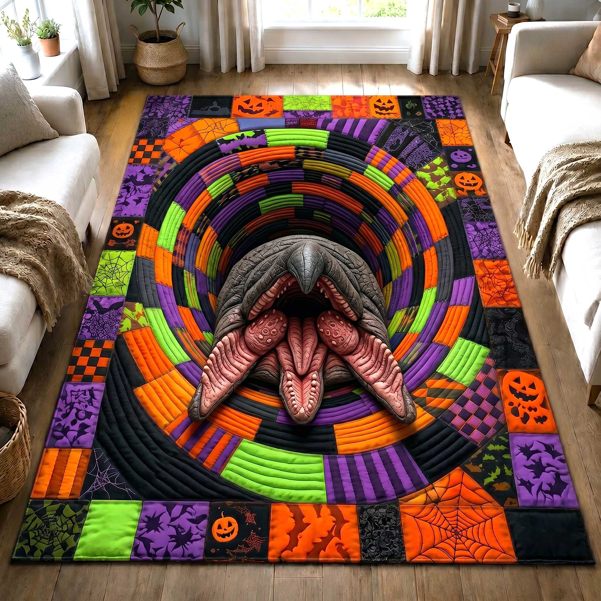 Tremors Graboid area rug in a living room