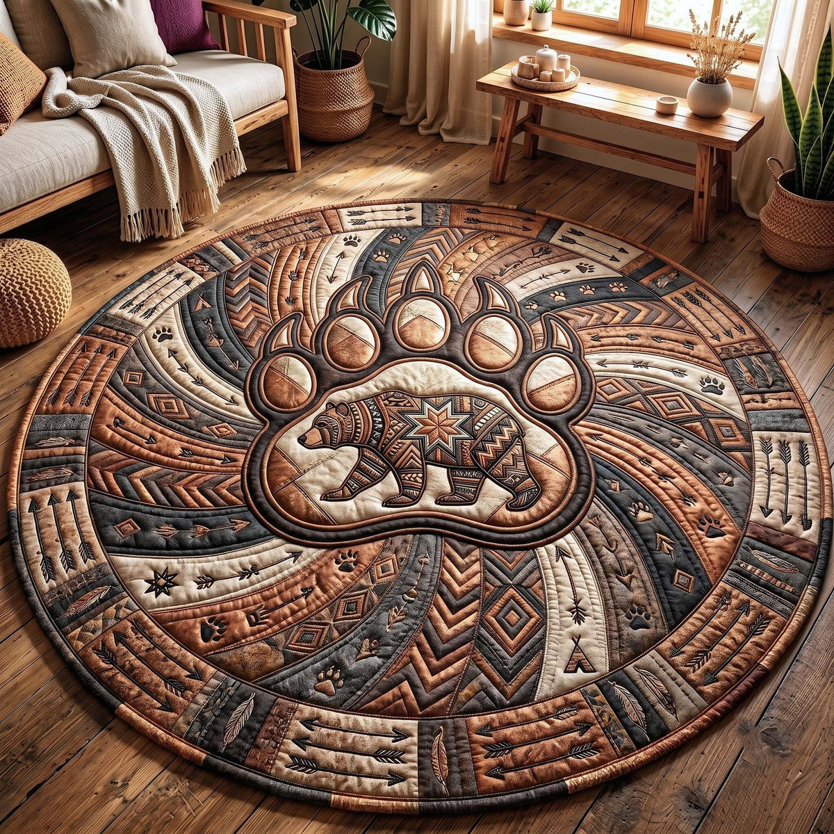 Tribal Bear Round Mat Rug - washable non-slip printed rug