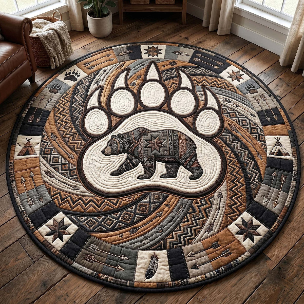 Tribal Bear Round Mat Rug - washable non-slip printed rug