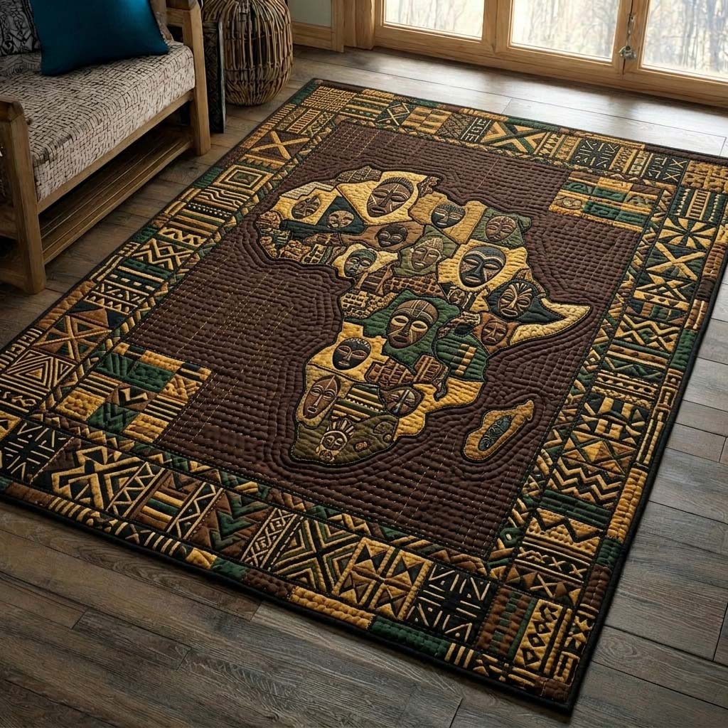 Tribal Mask Map area rug in a living room