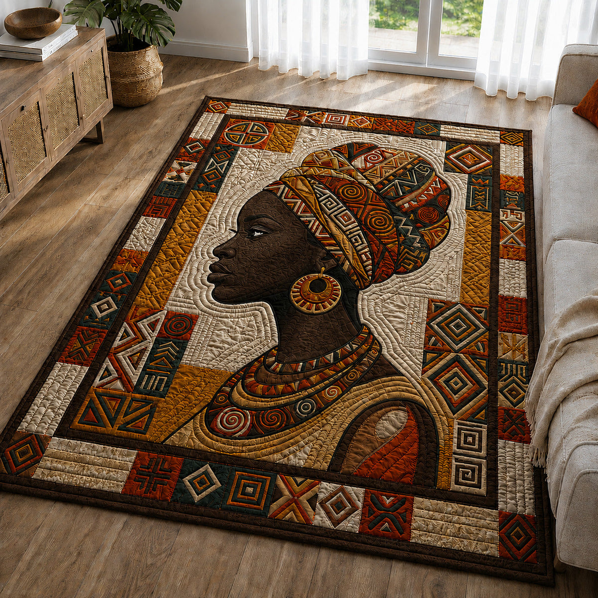 Tribal Queen area rug in a living room