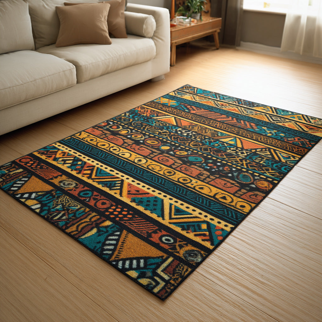 Tribal Tracks area rug in a living room