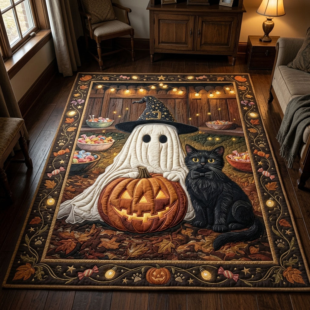 Trick Or Treat Ghost Cat area rug in a living room