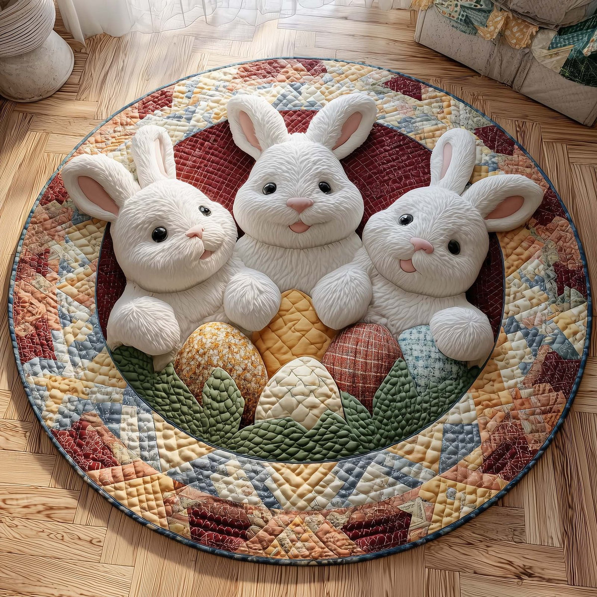 Triple Bunny Round Mat Rug - washable non-slip printed rug