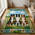 Triple Collie Meadow area rug in a living room