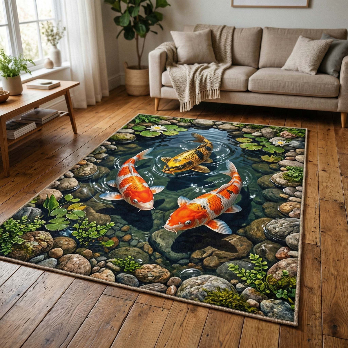 Triple Koi area rug in a living room