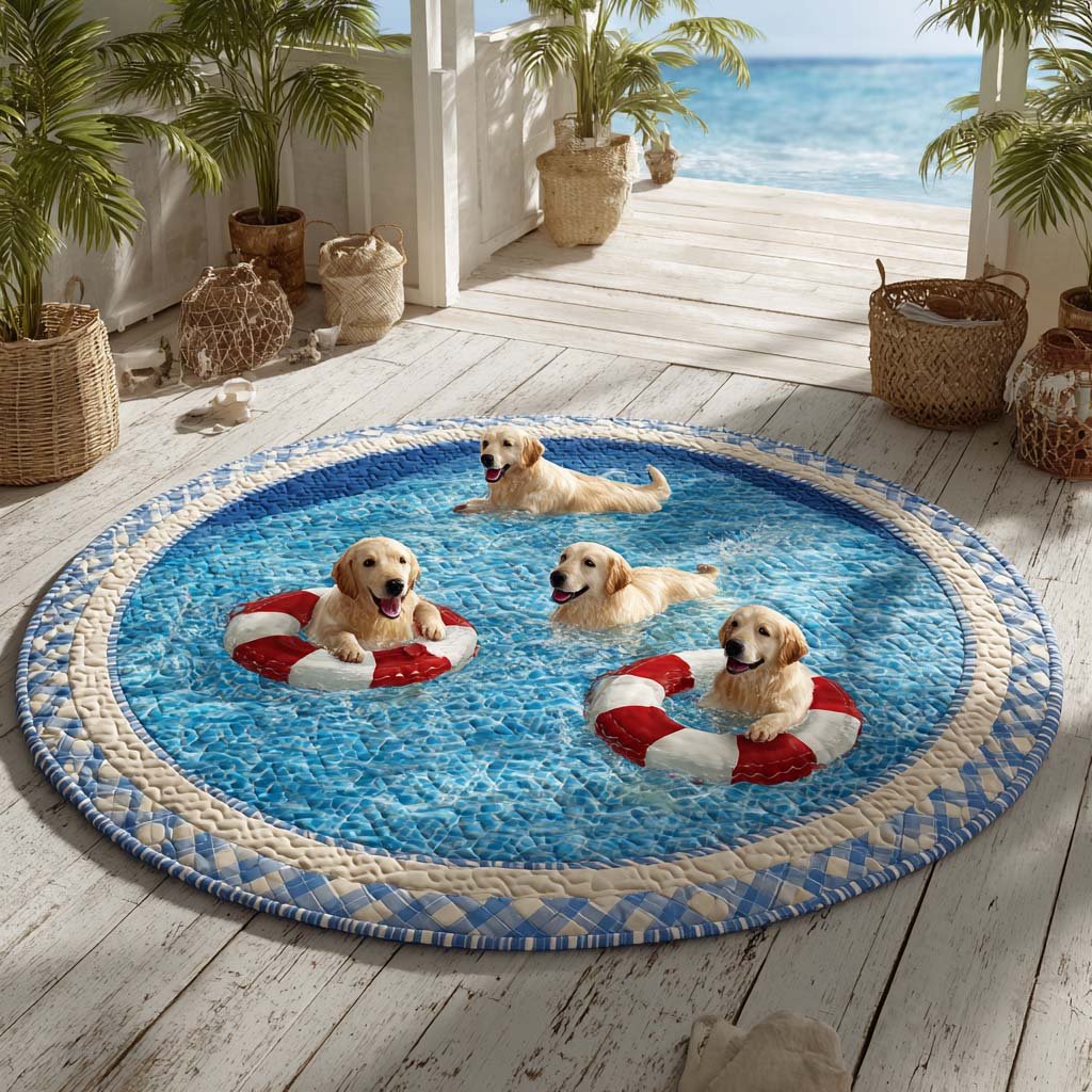 Tropic Golden Retriever Round Mat Rug - washable non-slip printed rug