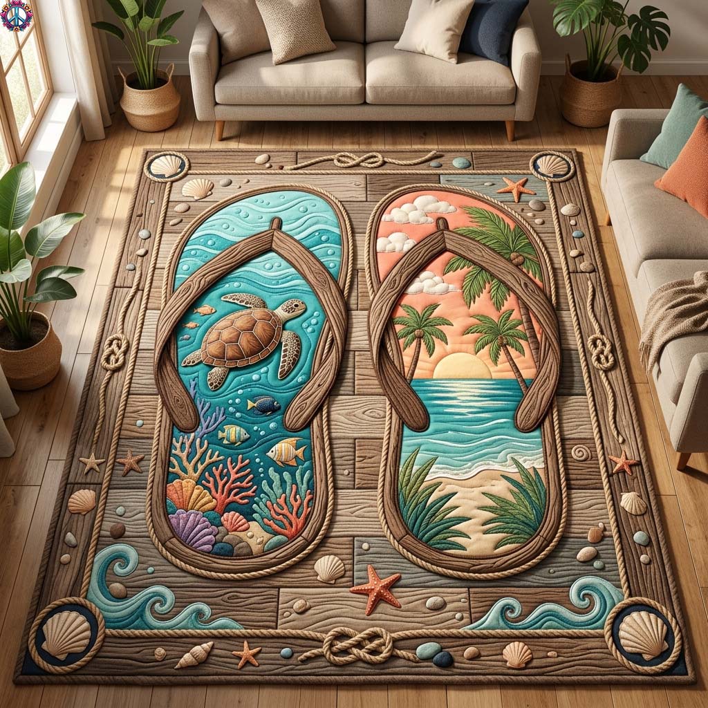 Tropical Flip Flop area rug in a living room