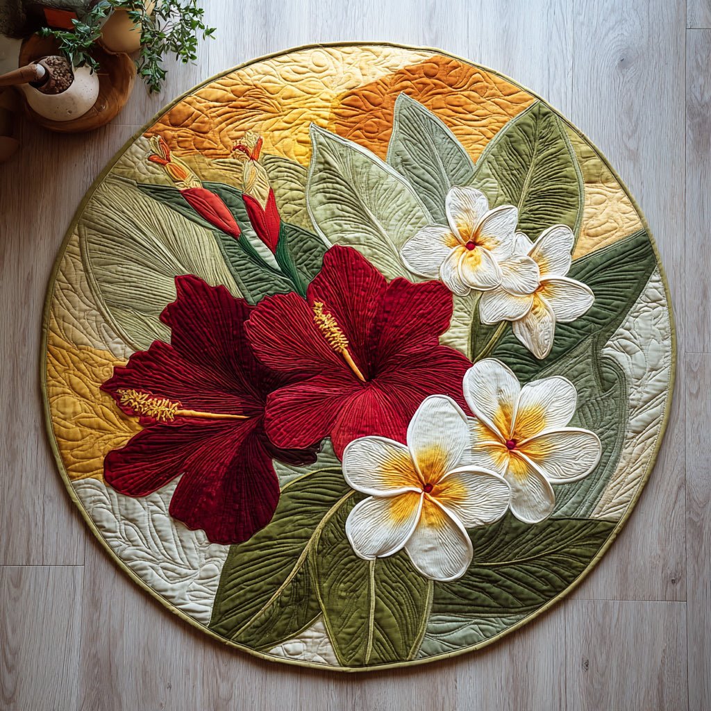 Tropical Hibiscus Round Mat Rug - washable non-slip printed rug