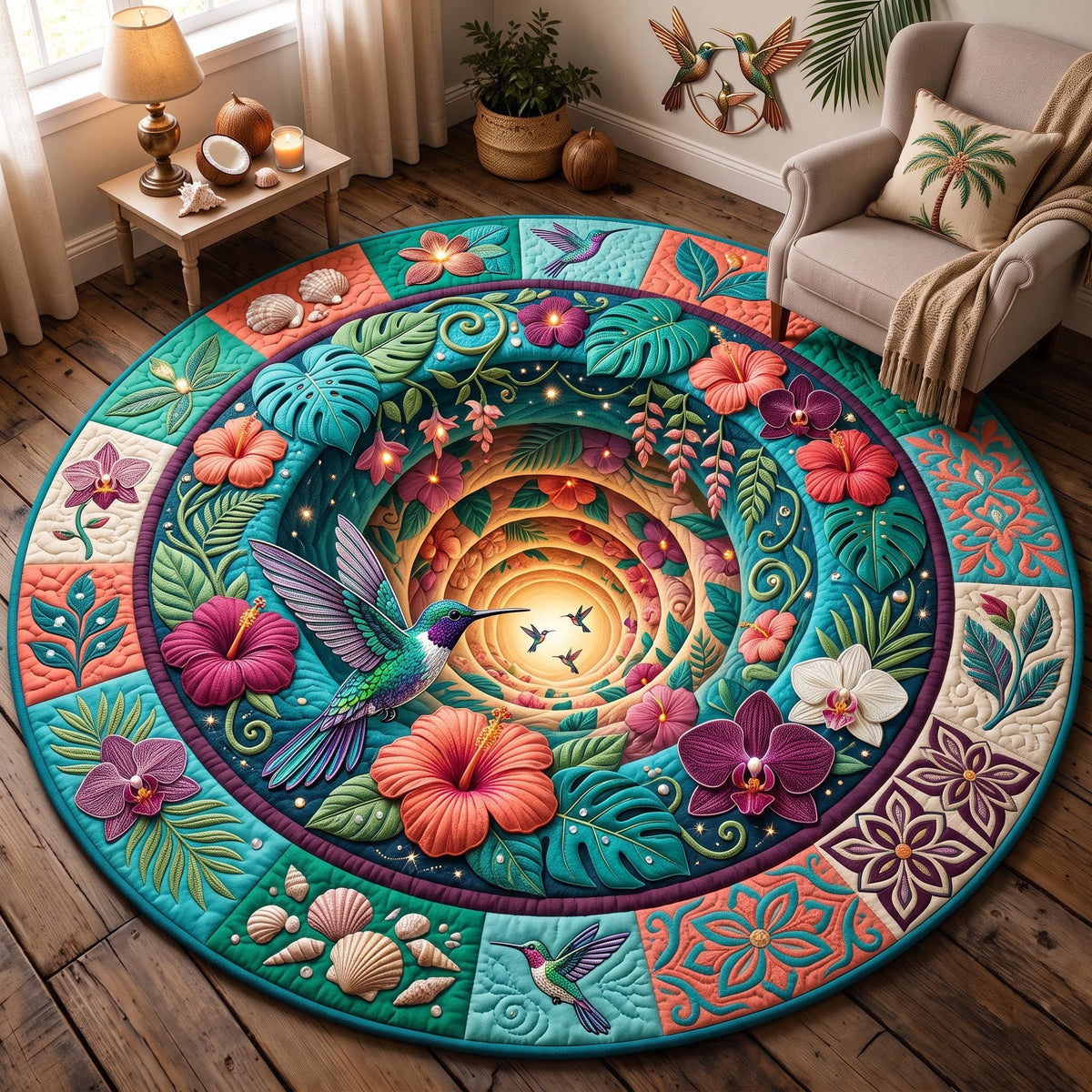 Tropical Hummingbird Round Mat Rug - Cute Animal Design | Charming Home Decor - washable non-slip printed rug