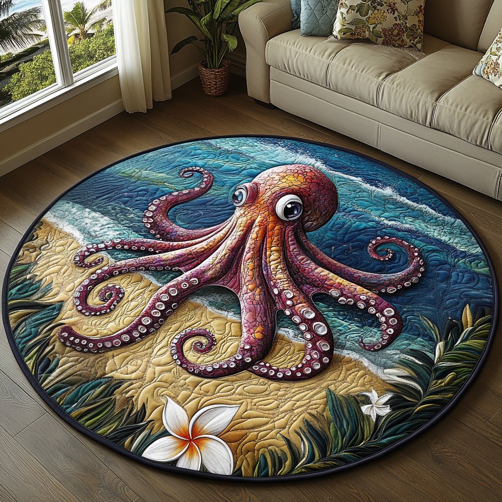 Tropical Octopus Round Mat Rug - washable non-slip printed rug