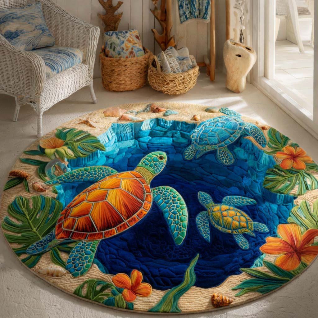Tropical Turtle Round Mat Rug - washable non-slip printed rug