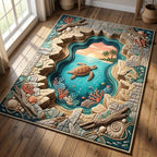 Tropical Wave Turtle area rug in a living room
