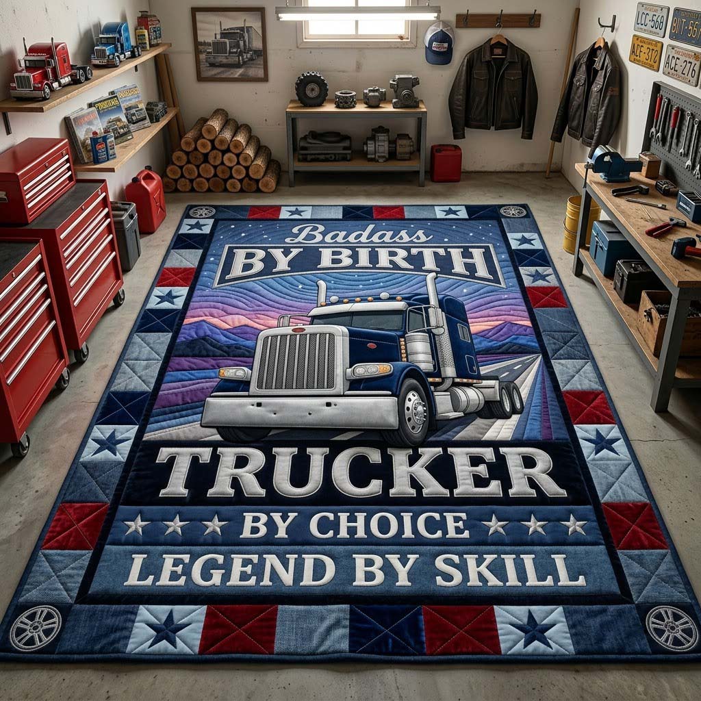 Trucker By Choice area rug in a living room