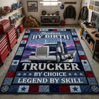Trucker By Choice area rug in a living room