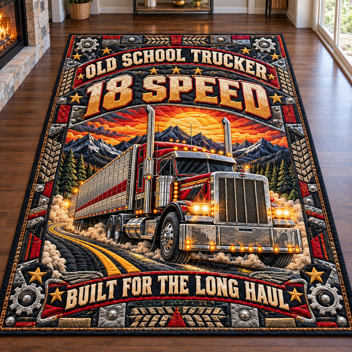 Trucker Life area rug in a living room