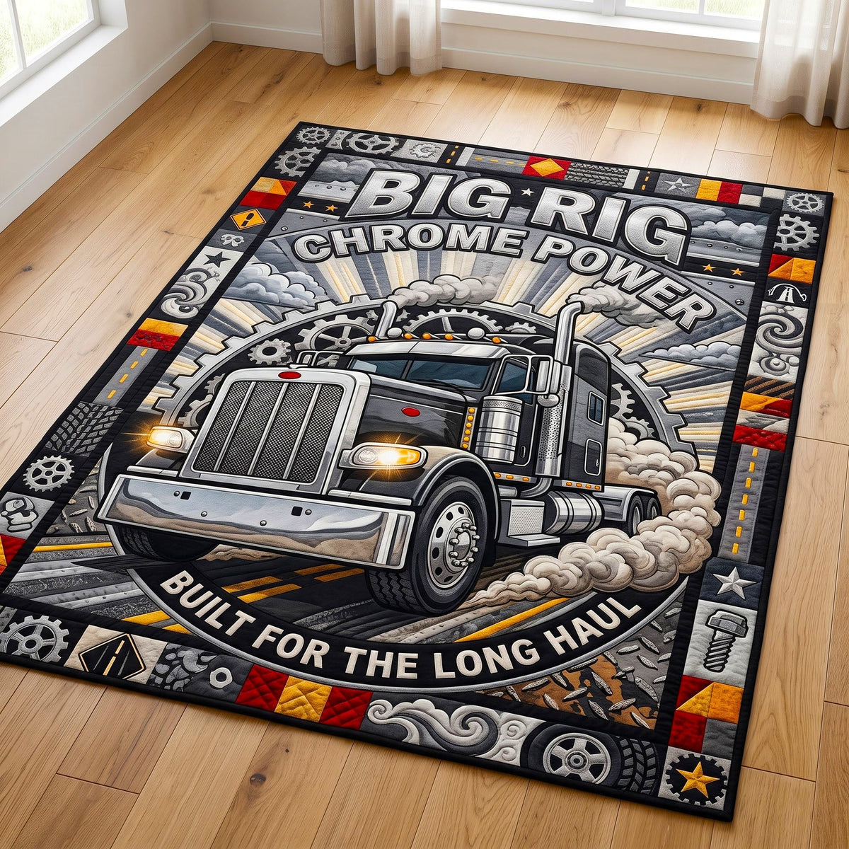 Trucker Life area rug in a living room