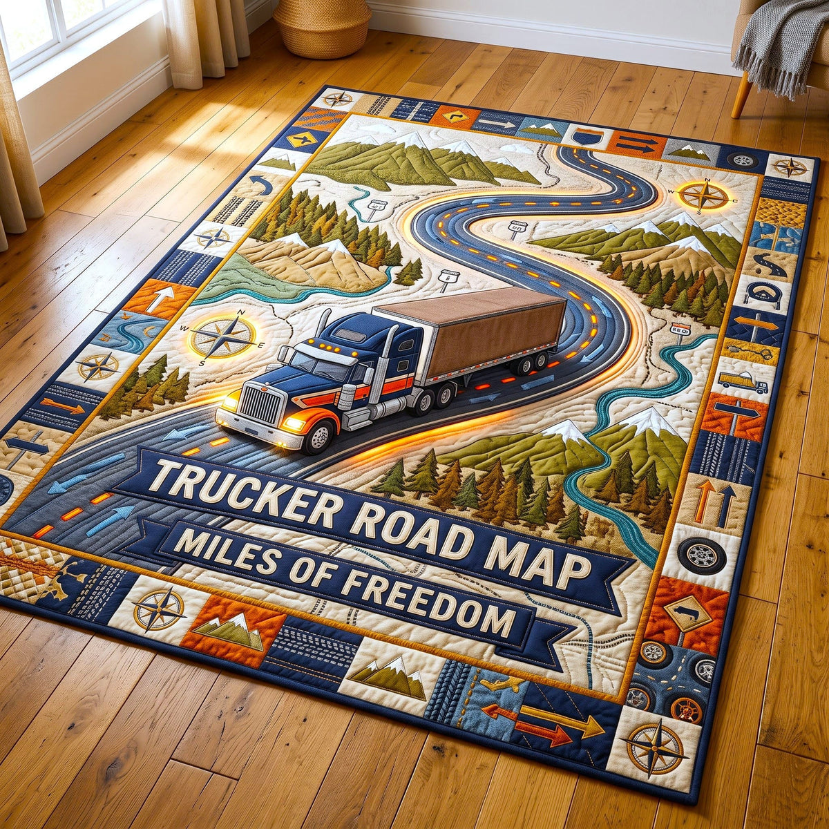 Trucker Life area rug in a living room