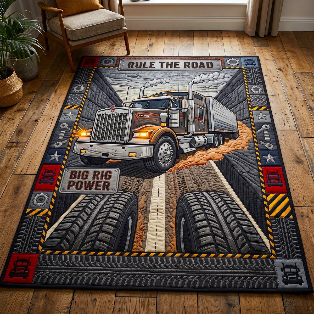Trucker Life area rug in a living room