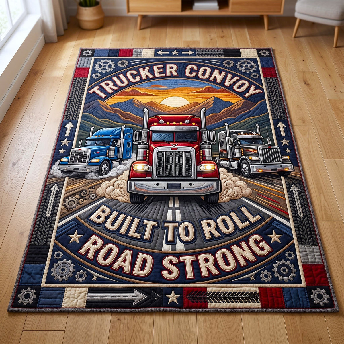 Trucker Life area rug in a living room