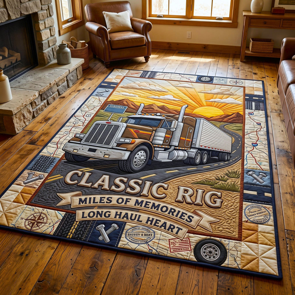 Trucker Life area rug in a living room
