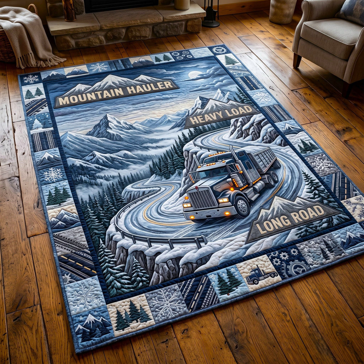 Trucker Life area rug in a living room