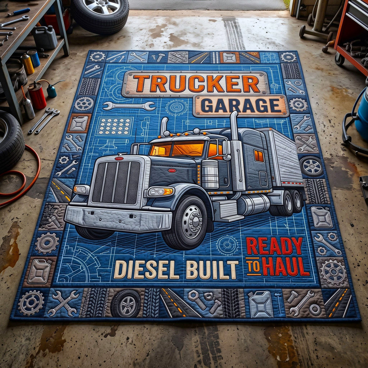 Trucker Life area rug in a living room