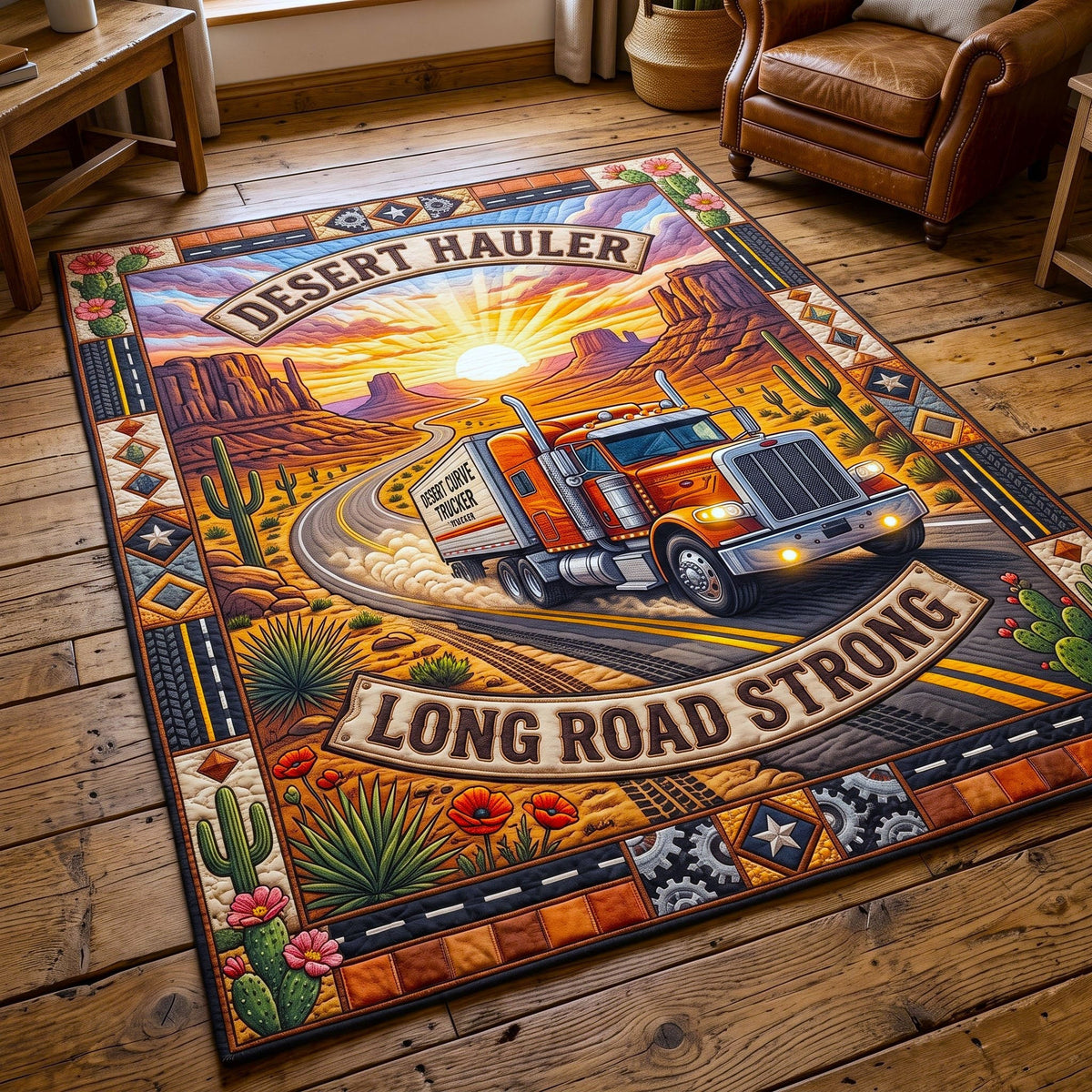 Trucker Life area rug in a living room