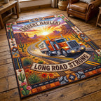 Trucker Life area rug in a living room