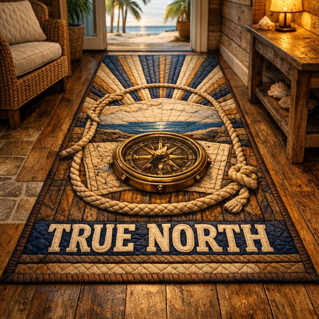 True North Compass (Design 1) Runner Rug - Coastal Design | Breezy Runner Rug - washable non-slip printed rug