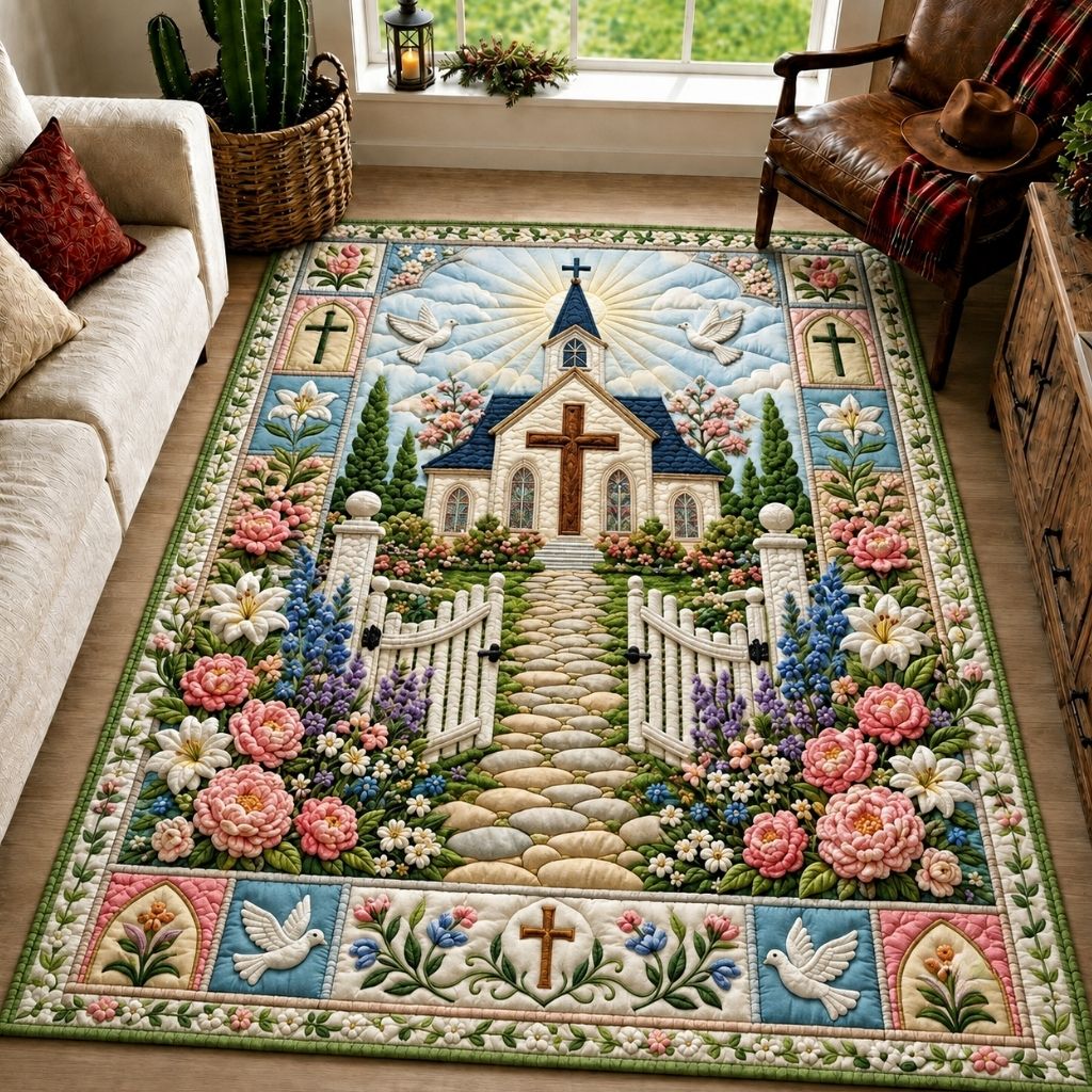 Trust God Always area rug in a living room