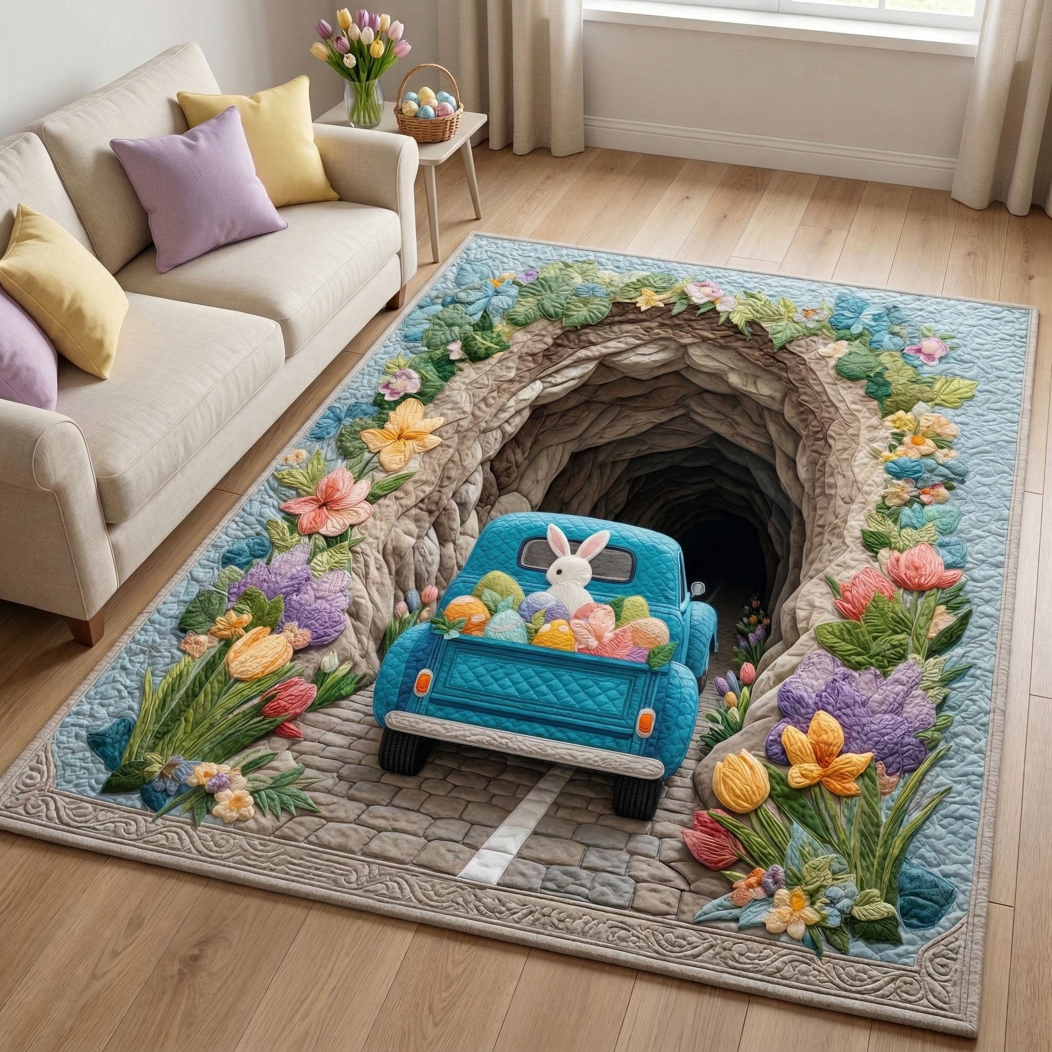 Tunnel Bunny area rug in a living room