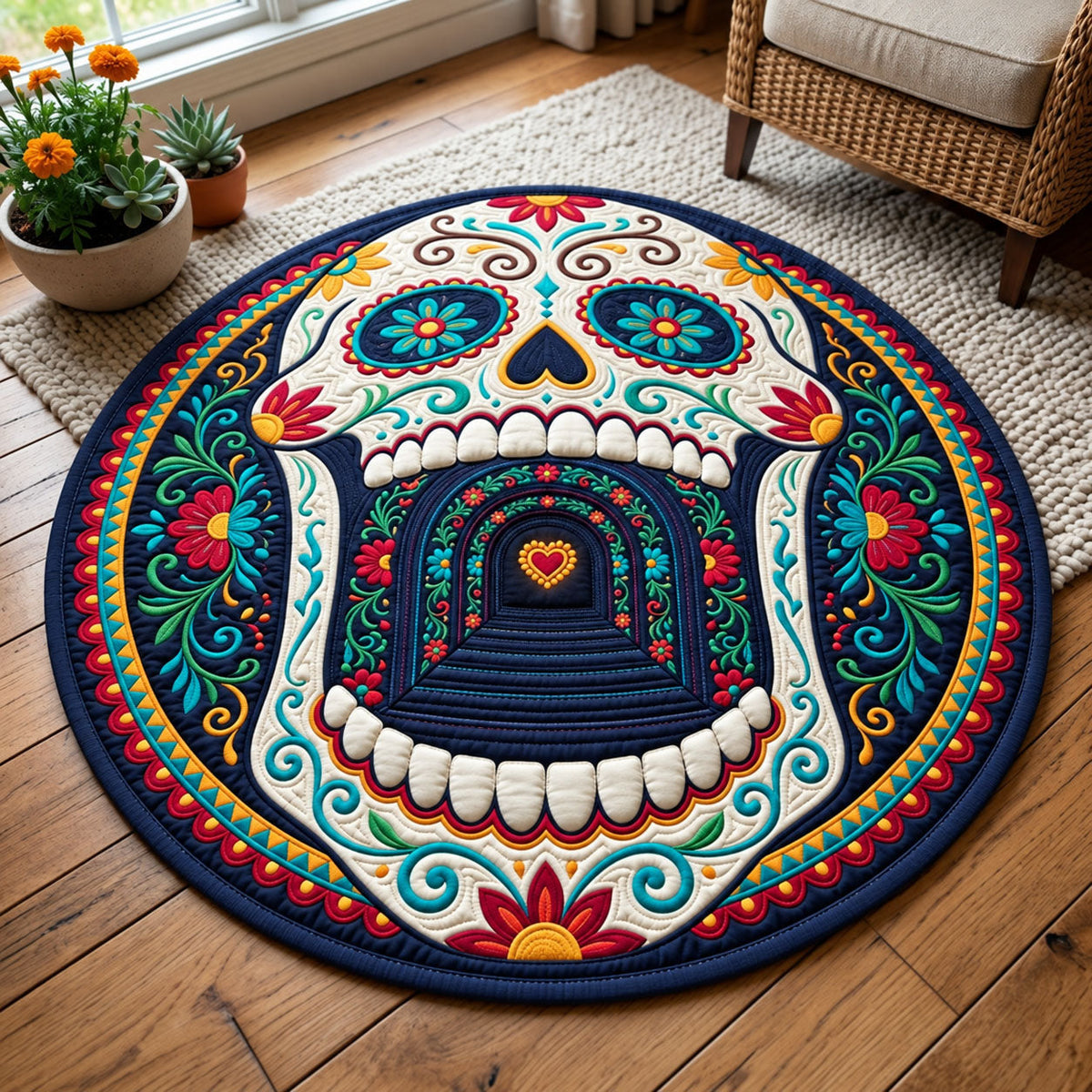 Tunnel Mouth Sugar Skull Round Mat Rug - Nature Design | Serene Home Decor - washable non-slip printed rug